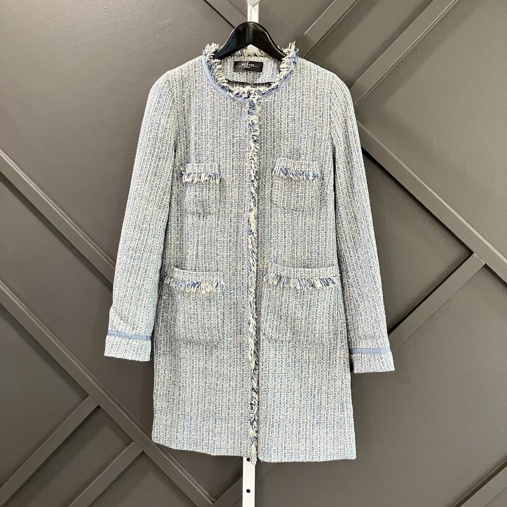 Weekend Max Mara Blue Tweed Fringe Collarless Long Coat Jacket 4 Pocket